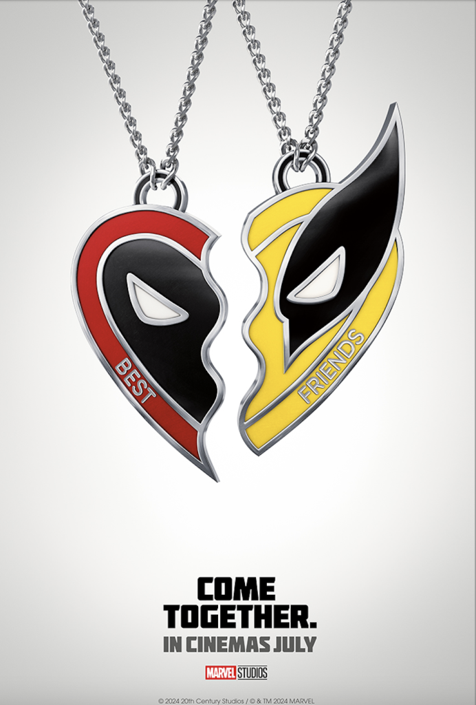 A best friends necklace with one half fashioned as deadpool and one half fashioned as wolverine